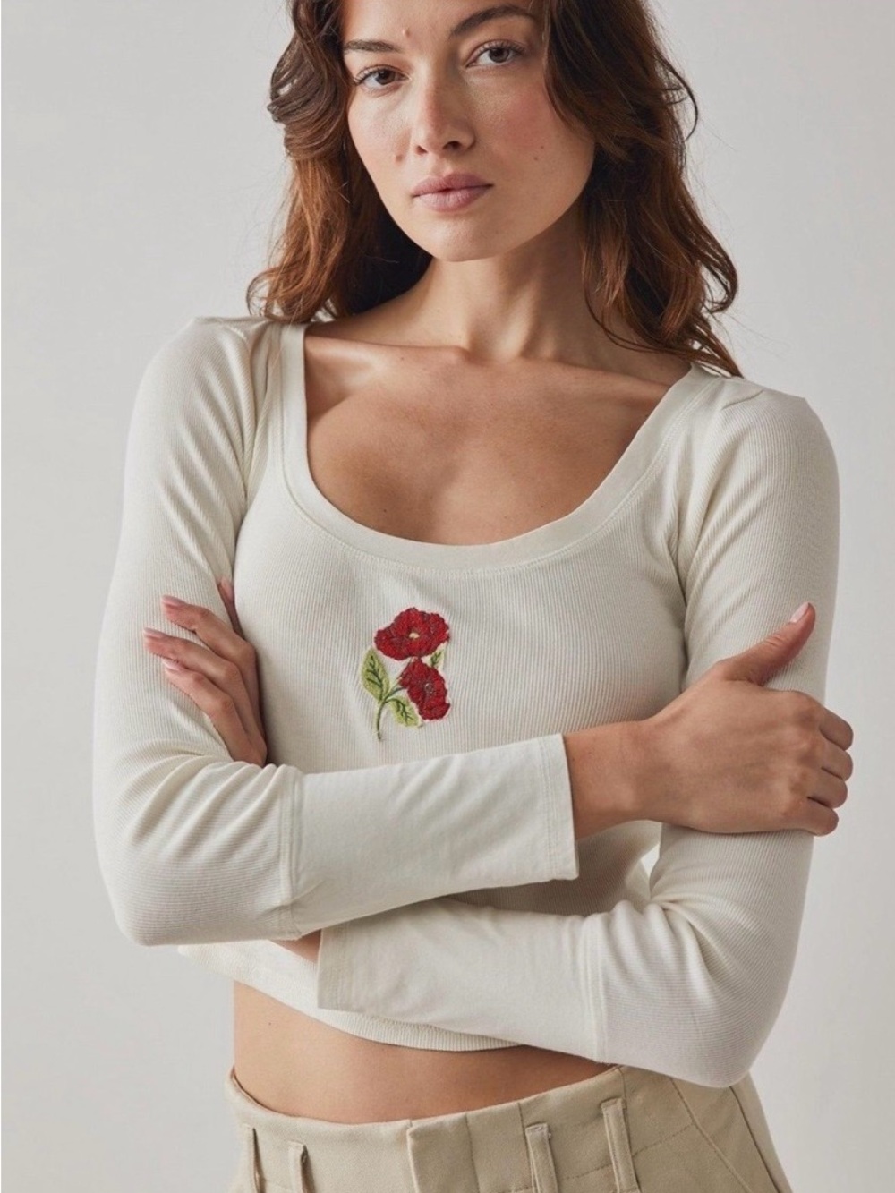 Free People Cream Ribbed Long-Sleeve Scoop Crop Top with Red Floral Patch